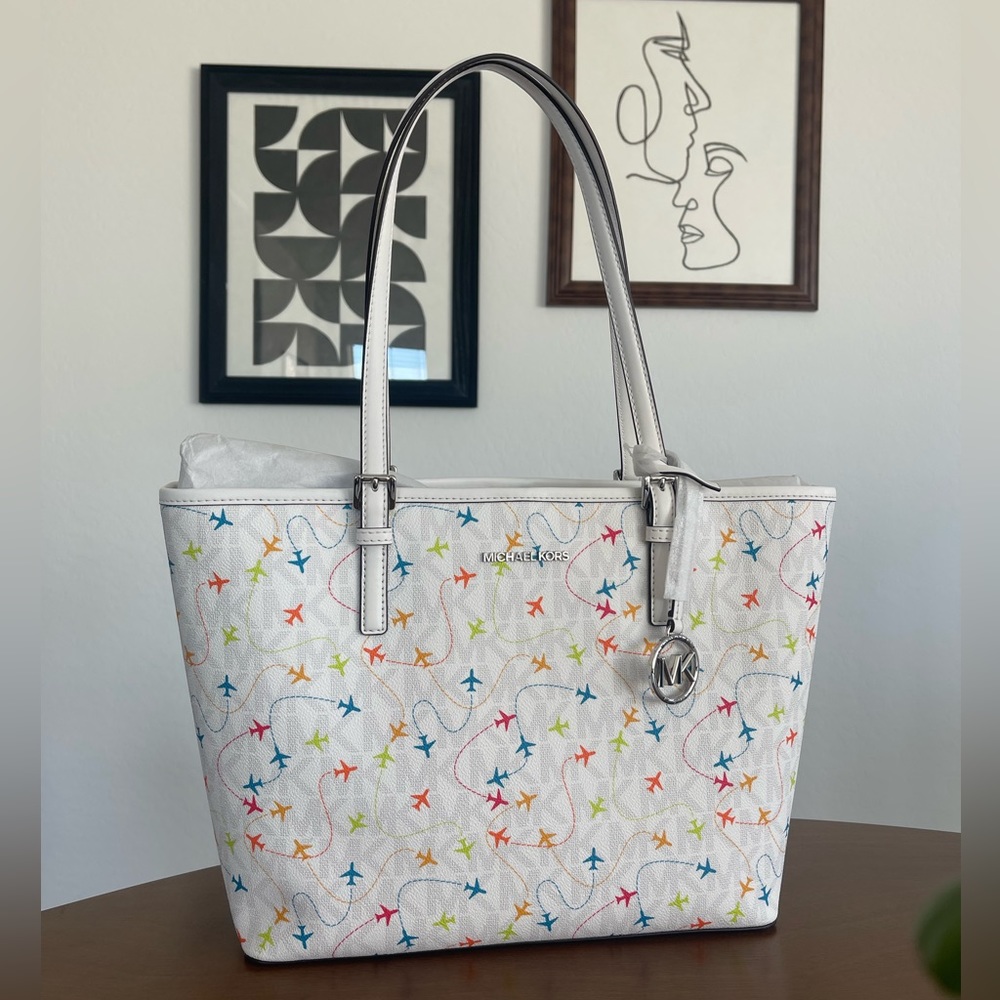 Michael Kors Jet Set Leather Carryall Airplane Tote Bag - WHITE - NWT